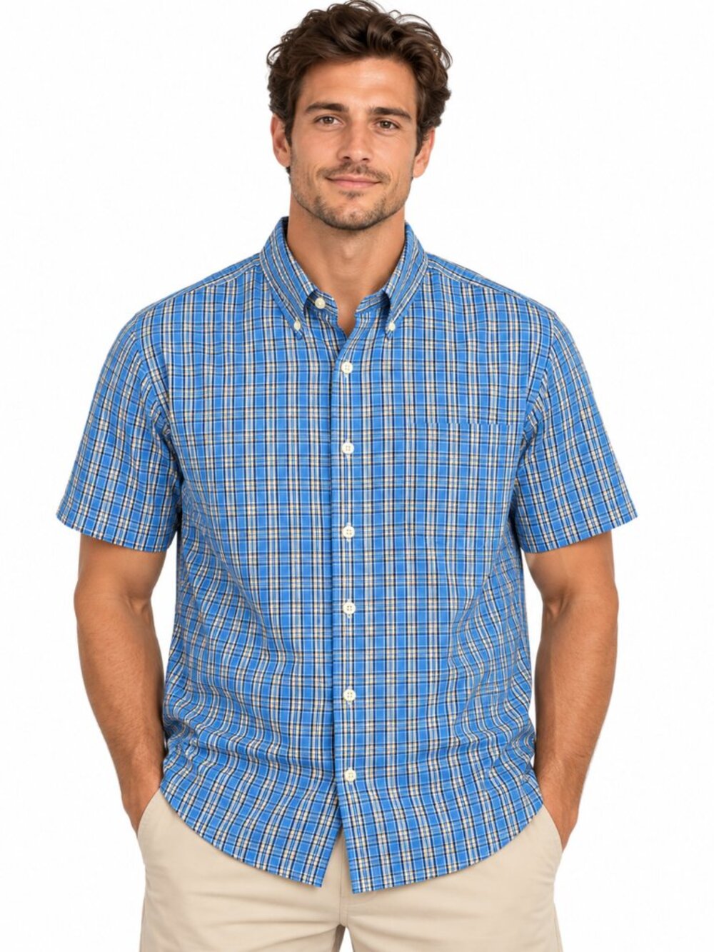 Izod Saltwater Shirt Mens 2XL Blue Plaid Button Relaxed Short Sleeve Pocket XXL